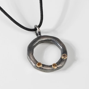Rustic Circle Pendant Necklace Men Oxidized Silver 14K Gold Brown Diamond Brutalist - Birthday Gift for Him  SN00048