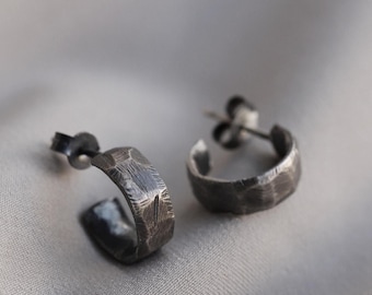 Mens Earrings Hoop, Oxidized Sterling Silver 925 Huggie Brutalist Textured SE00098