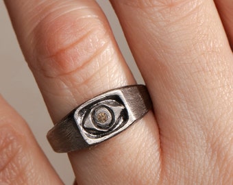 Evil Eye Ring Signet Oxidized Silver Brown Diamond Brutalist for Women - Mother's Day Gift SR00083