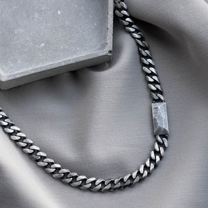 Men Curb Chain ID Necklace Sterling Silver Oxidized - Personalized Engraved Tag Thick Chain Necklace - Gift for Dad - SN00001
