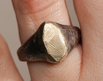 Signet Ring Men Oxidized Silver 925 and 14K Gold - Rustic Brutalist Ring for Him - Anniversary Gift for Husband -SR00087