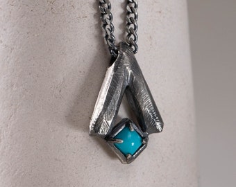 Turquoise Men Necklace Brutalist Oxidized Silver - Triangle Pendant Rustic - Birthday Gift for Him SN00043