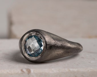 Men Ring Blue Topaz Rustic Oxidized Silver 925 - Blue Gemstone Ring Unisex - Birthday Gift for Women and Men SR00005