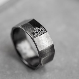 Brutalist Ring Men Silver Oxidized Black Diamond Wide - Faceted Wedding Band Unisex - Men Jewelry - Gift for Him SR00069
