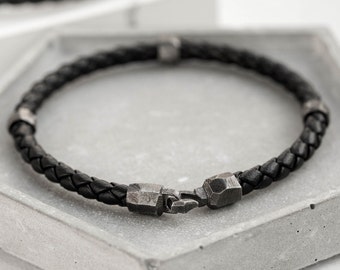 Men Jewelry - Black Leather Bracelet Oxidized Sterling Silver Brutalist - Birthday Gift for Boyfriend - SB00009