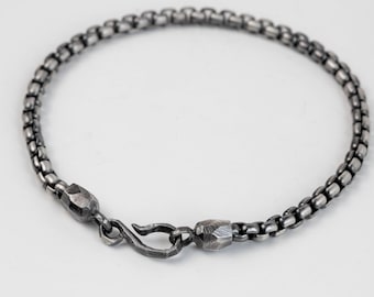 Mens Box Chain Bracelet Sterling Silver 925, Oxidized Round Chain Bracelet, Minimal Silver Bracelet Gift for Him SB00069