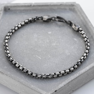 Bracelet chaîne pour homme avec boîte ronde en argent oxydé 925 - Bijoux simples pour homme - Cadeau d'anniversaire pour mari et petit ami - SB00069
