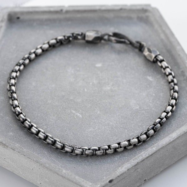 Round Box Chain Bracelet for Men Oxidized Sterling Silver 925 – Simple Jewelry SB00069