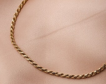 Gold Rope Chain Necklace for Women Sterling Silver 925 3 mm - Modern Twisted Unisex Chain - Birthday Gift for Her - SN00174