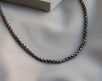 Round Chain Necklace Oxidized Silver Men - Unisex Link Box Chain Black Silver - Birthday Gift for Him for Boyfriend - SN00171-OX