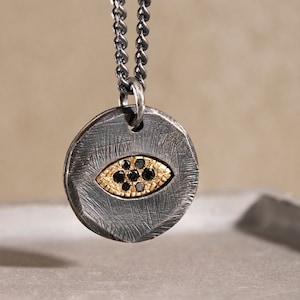 Men Evil Eye Necklace Brutalist Oxidized Silver 14K Gold and Black Diamonds - Rustic Disc Pendant - Birthday Gift for Him SN00040
