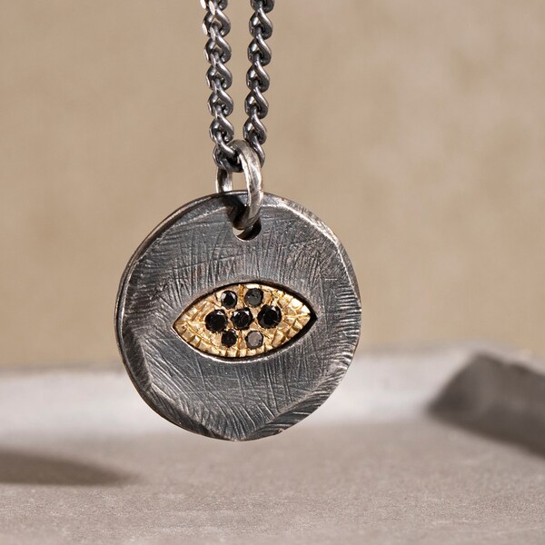Men Evil Eye Pendant Brutalist Oxidized Silver 14K Gold and Black Diamonds - Rustic Disc Necklace - Birthday Gift for Him SN00040