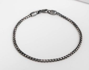 Box Link Chain Bracelet Oxidized Sterling Silver 3mm, Men's Rolo Jewelry SB00072