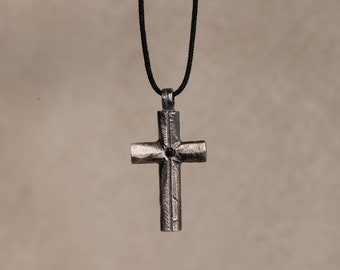 Cross Necklace Men Oxidized Silver Black Diamond Brutalist Rustic Pendant - Gift for Boyfriend SN00208