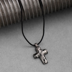 Men Cross Pendant Necklace Brutalist Oxidized Sterling Silver - Birthday Gift for Him for Boyfriend - Rustic Men Jewelry  SN00146