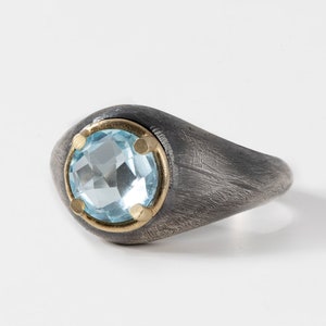 Blue Topaz Ring Men Women Brutalist Rustic Oxidized Silver and 14K Gold Unisex Dome Gemstone Ring Birthday Gift SR00006 image 1