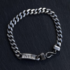Men&#39;s Bracelet Oxidized Sterling Silver Personalized Engraved ID Curb Chain 7mm - Custom Men Jewelry - Birthday Gift SB00076