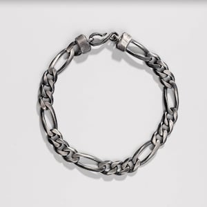Men Silver Bracelet Chain Oxidized - Sterling Silver 8mm Figaro Wide Heavy Thick Unisex Bracelet - Birthday Gift for Him SB00040