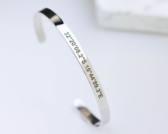 Personalized Coordinates Cuff Bracelet, Sterling Silver Engraved Bangle SB00001