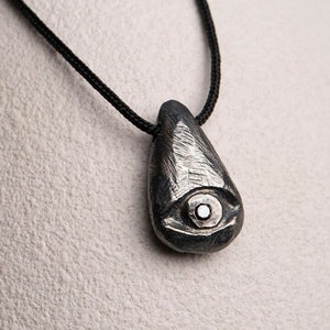 Evil Eye Necklace Men Oxidized Sterling Silver - Black Diamond Drop Pendant - Birthday Gift for Husband SN00187