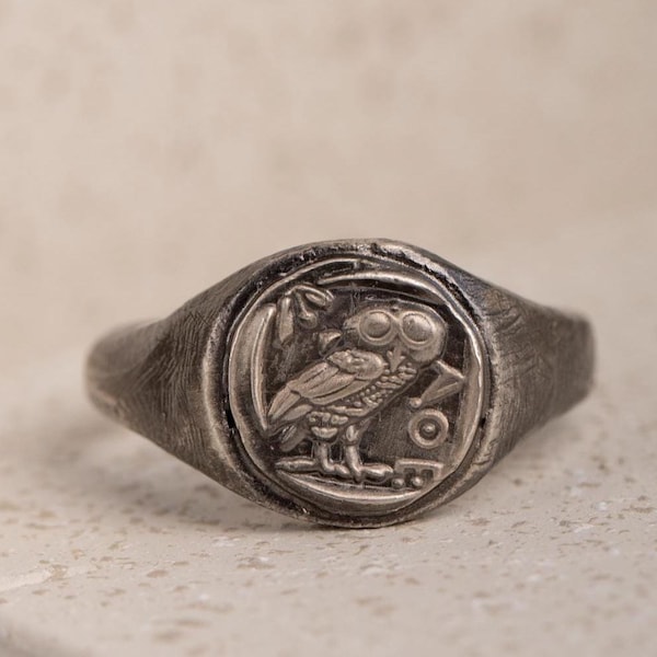 Athena Owl Signet Ring Men - Oxidized Silver Coin Ring Greek Goddess Athena - SR00148