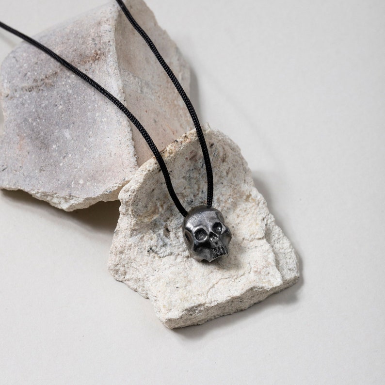 Brutalist skull pendant necklace for men and women in oxidized sterling silver