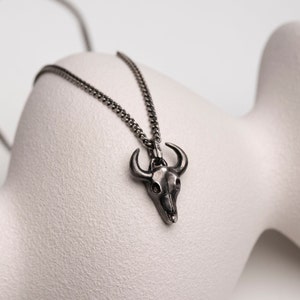 Bull Necklace Men Oxidized Sterling Silver - Brutalist Western Bull Skull Pendant - Birthday Gift for Boyfriend for Him -SN00189