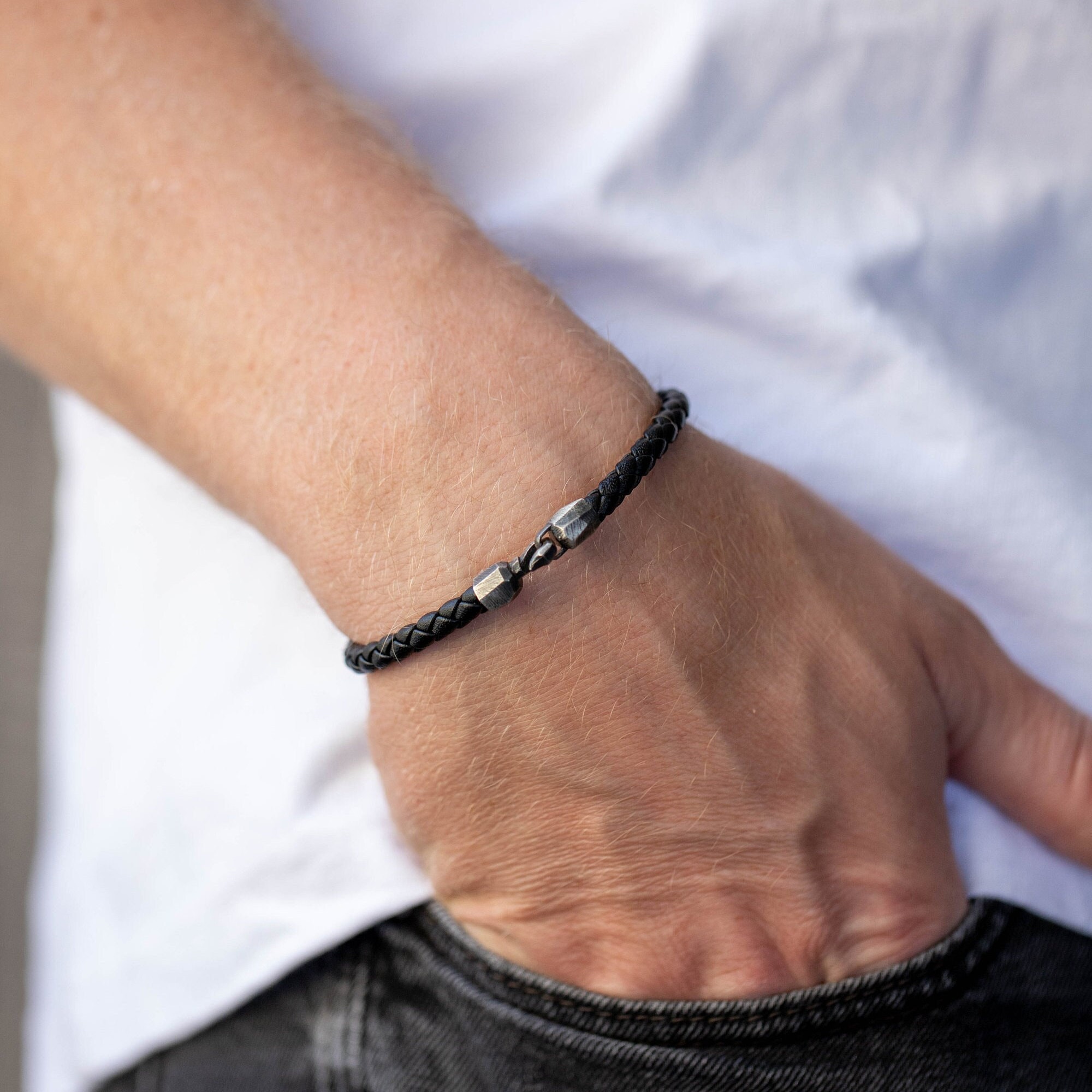 Men's Black Woven Leather Bracelet