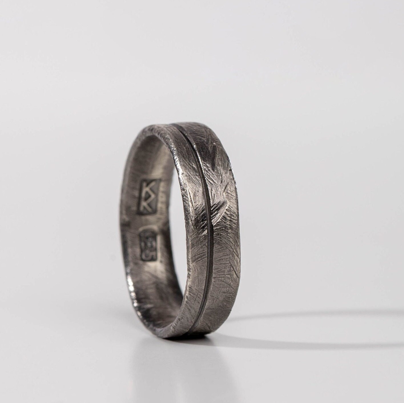 Silver Ring Men Oxidized - Rustic Brutalist Black Band