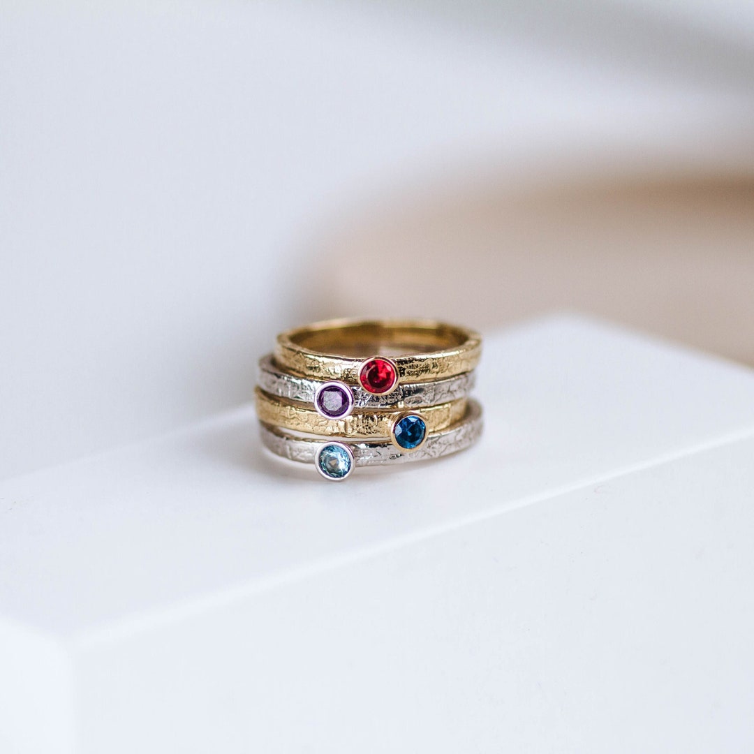 Stackable Mothers Rings Examples Custom Birthstone Ring – Sterling Silver Stacking Band, Gold Plated ...