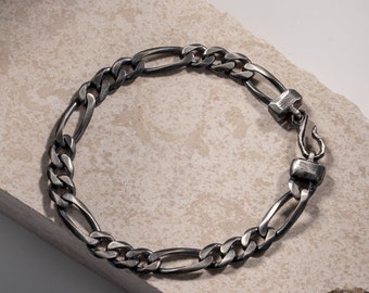 Men Silver Bracelet Chain Oxidized - Sterling Silver 8mm Figaro Wide Heavy Thick Unisex Bracelet - Birthday Gift for Him SB00040
