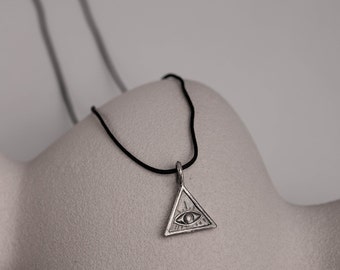 All Seeing Eye Necklace Oxidized Sterling Silver for Men and Women - Triangle Pendant on Black Cord - Gift for Him SN00206