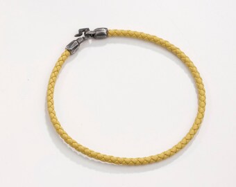 Yellow Leather Cord Bracelet Men Round Braided Oxidized Silver Clasp - Gift for Him and Her SB00022