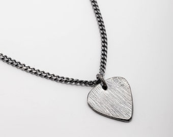 Guitar Pick Necklace Men Silver - Triangle Pendant Oxidized Cuban Link Chain - Birthday Gift for Teens for Boyfriend - Men Jewelry SN00192