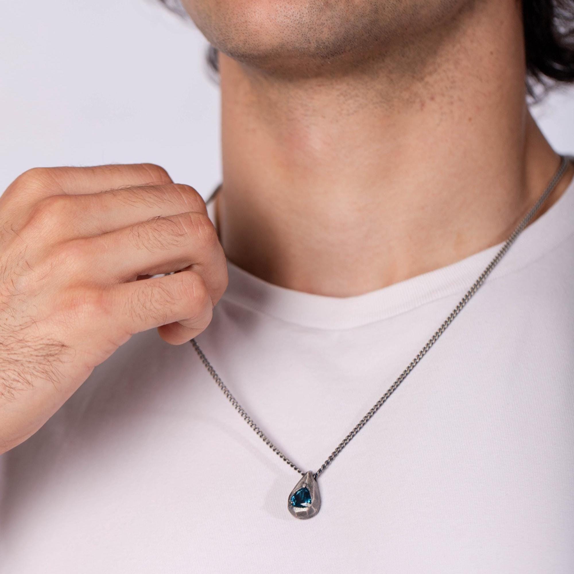 ブルートパーズネックレス メンズ 酸化シルバー - 天然ロンドンまたは