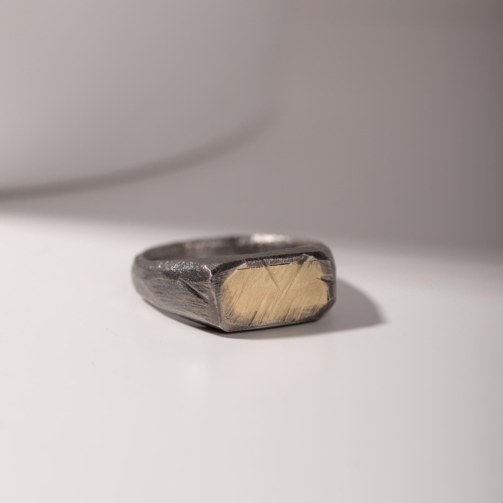 Signet Ring Men 14K Gold Oxidized Silver - Flat Top Pinky Ring
