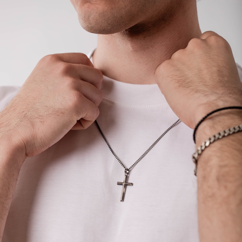 Cross Necklace Men Oxidized Sterling Silver Men Jewelry Cross Pendant Birthday Gift for Boyfriend SN00197 image 2