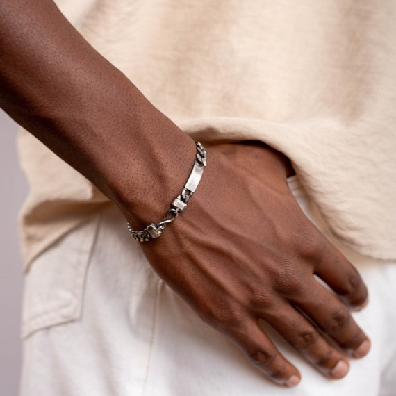 Bracelet homme en argent sterling oxydé avec identification