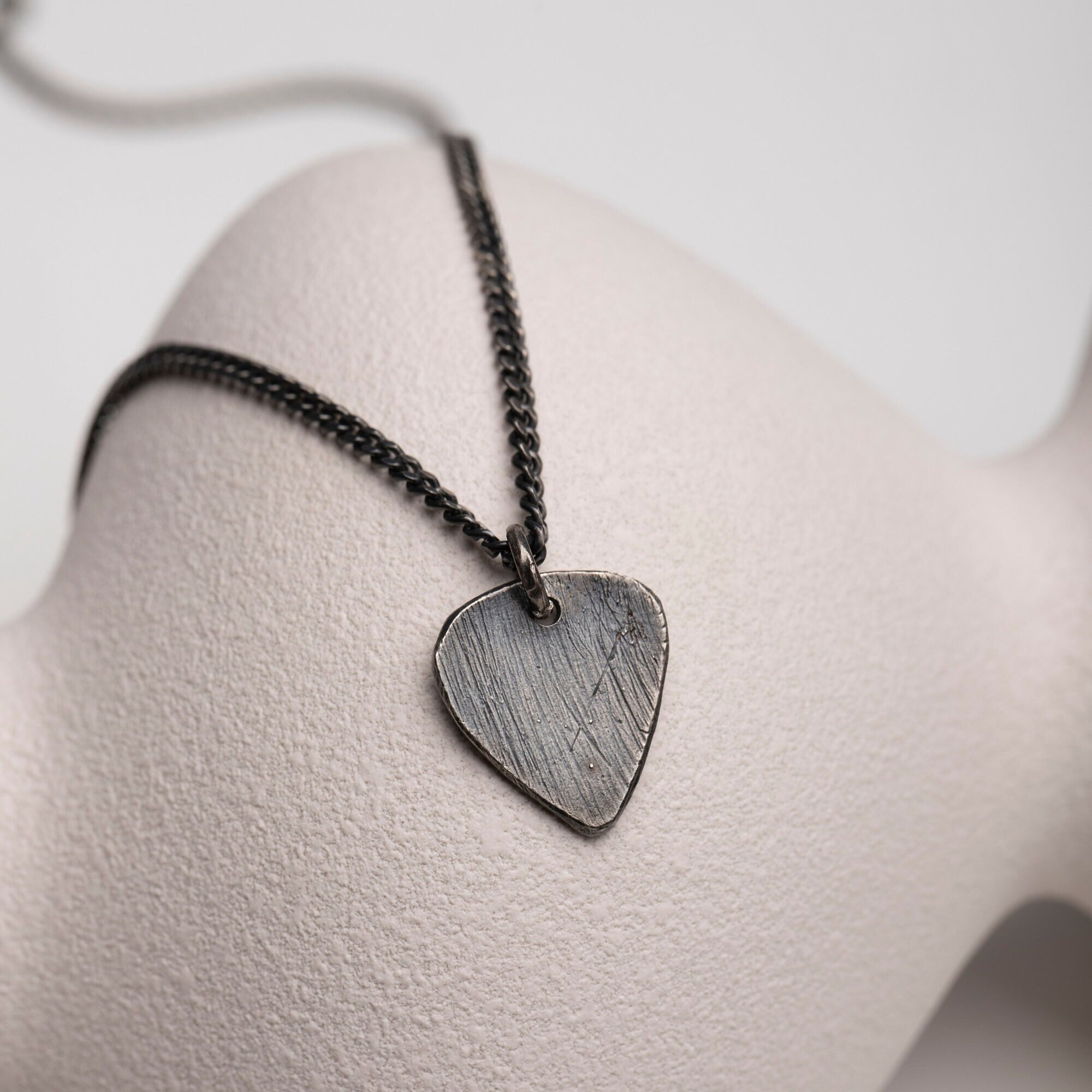 Sterling Silver Guitar Pick Necklace – Oxidized Triangle Pendant