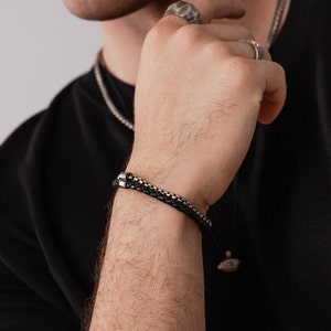 Bracelet Men Silver Double Chain and Leather Cord Black Oxidized Silver Chain Bracelet Birthday Gift for Him SB00010 image 4