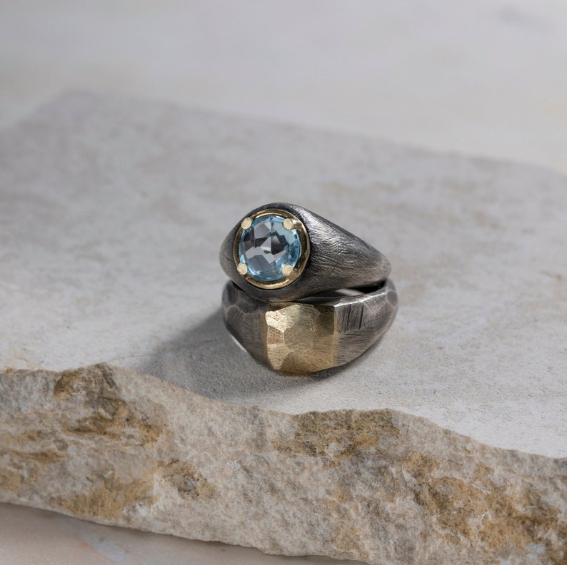 Brutalist Siegelring Männer Siegelring oxidiertes Silber 14K Gold facettierter breiter Ring für Frauen Geburtstagsgeschenk für Sie und Ihn SR00004 Bild 9