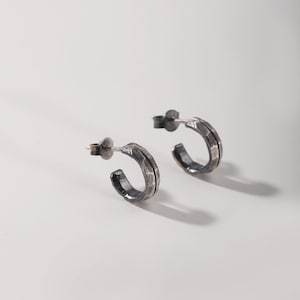 Mens Hoops Black Silver Earrings Small Piercing  Oxidized Sterling 925 Gift for Him - SE00112