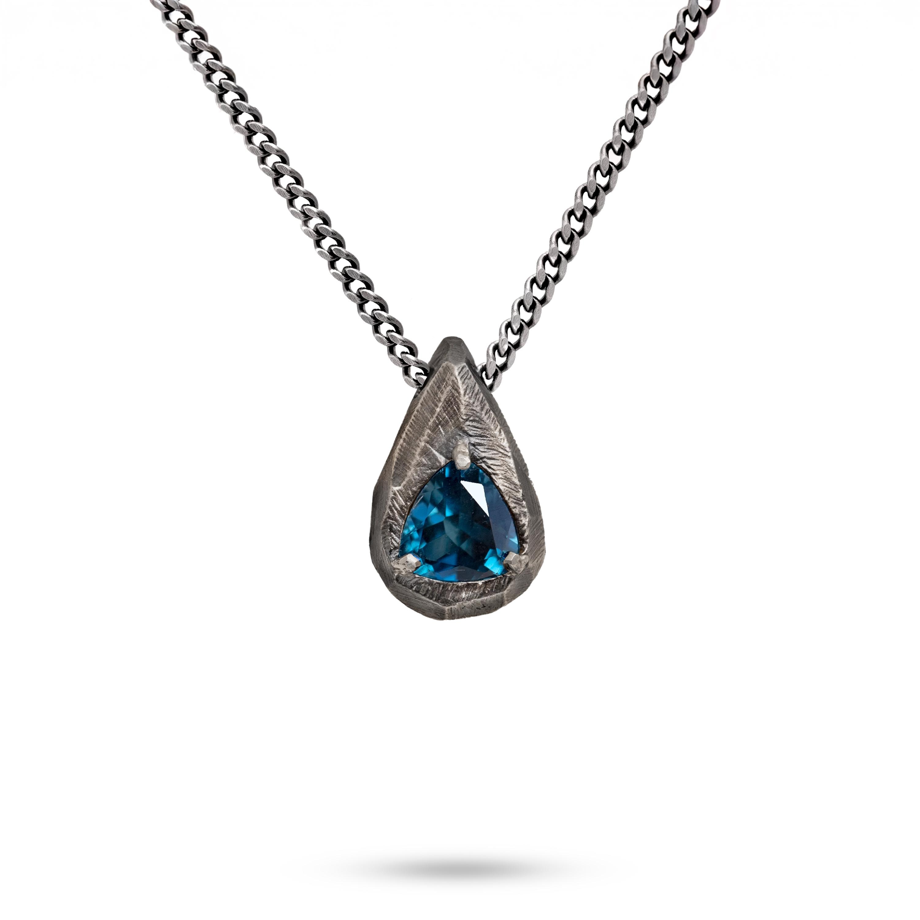 トパーズネックレス メンズ 酸化シルバー - 天然ロンドンブルーまたは