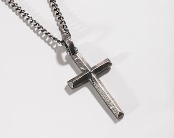 Mens Cross Necklace – Oxidized Sterling Silver Christian Pendant – Brutalist Orthodox Cross Jewelry Gift for Him - SN00197