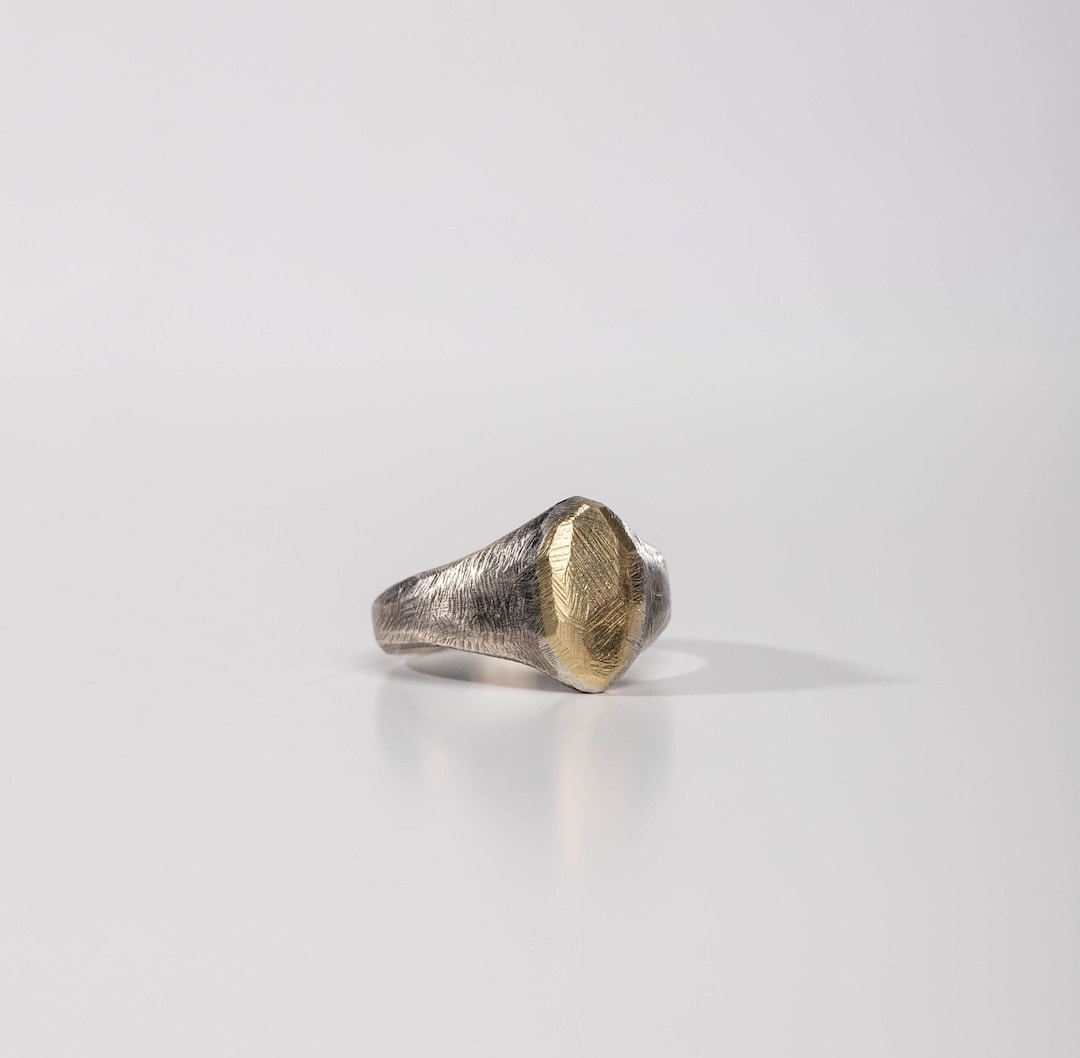 メンズ シグネットリング 酸化シルバー 925 14Kゴールド - 素朴な