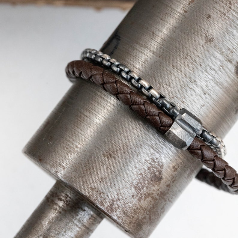 Brown braided leather and oxidized silver round chain bracelet for men and women