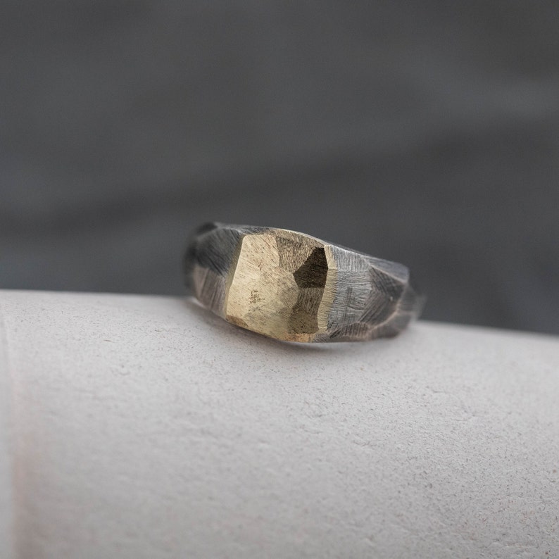 Brutalist ring for men and women in 14K yellow gold and sterling silver. A great choice for a gift for him or a gift for her.