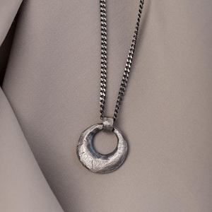 Circle Pendant Oxidized Silver Necklace for Men - Brutalist Round Necklace - Birthday Gift for Him SN00002
