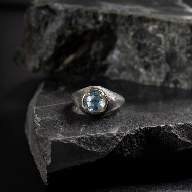 Blue Topaz Ring Men Women Brutalist Rustic Oxidized Silver and 14K Gold Unisex Dome Gemstone Ring Birthday Gift SR00006 image 5