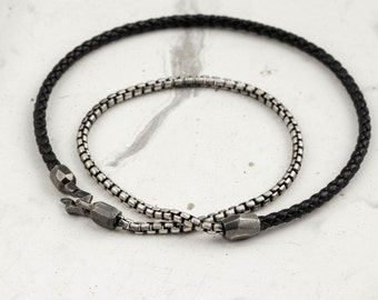 Wrap Bracelet Men Sterling Silver Chain  Leather Cord - Round Box Chain Oxidized Men Jewelry - Birthday Gift Boyfriend Son SB00079